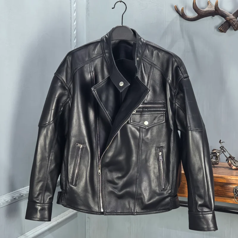 

Женская кожаная куртка из натуральной кожи, весна 2026, с воротником-стойкой, свободного кроя, повседневная, в стиле мотоциклетной, с длинными рукавами, на молнии, средней длины