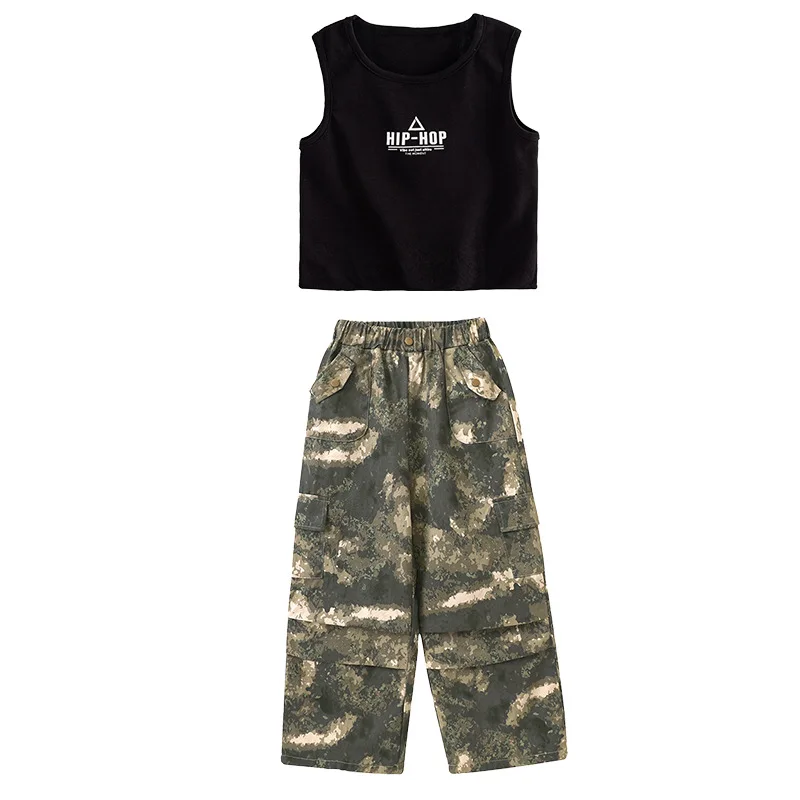 [4-15 Years Old]Girls Hip Hop Jazz Dance Suit High Waist Crop Top Korean Camouflage Pants Girl