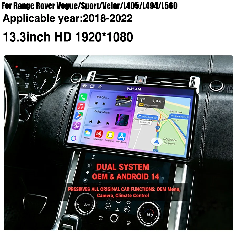 Écran Radio Carplay 13,3 pouces pour Range Rover Vogue Sport Velar L405 L494 L560 2018-2022 Lecteur Multimédia 4G Android 14