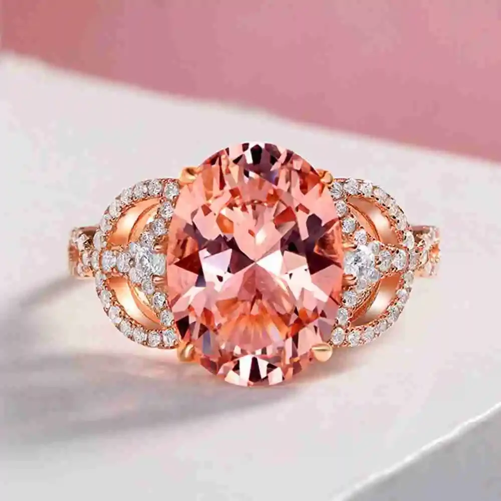 WUIHA 100% 925 Sterling Silver 10*14MM Padparadscha Corundum Diamond Gemstone Rose Gold Rings Anniversary Fine Jewelry Wholesale