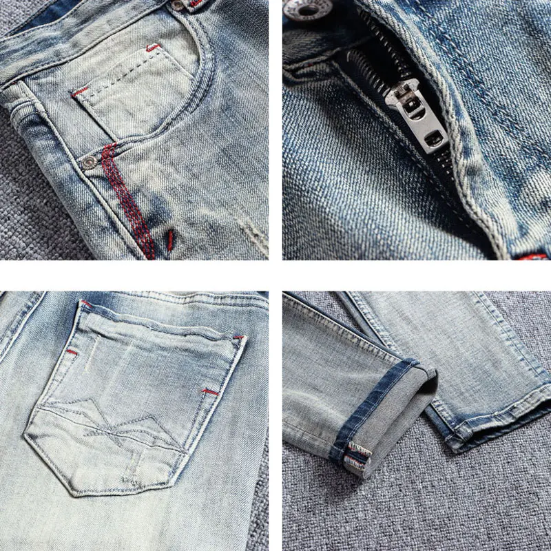 Street Fashion Men Jeans High Quality Retro Light Blue Stretch Slim Fit Ripped Jeans Men Patched Designer Vintage Denim Pants