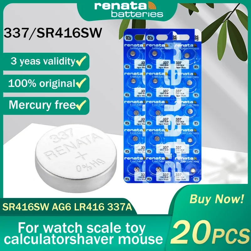 20PCS Renata 337 SR416SW AG6 LR416 337A 1.55V Silver Oxide Watch Battery For Toy Scales Calculator Swiss Made Button Coin Cells