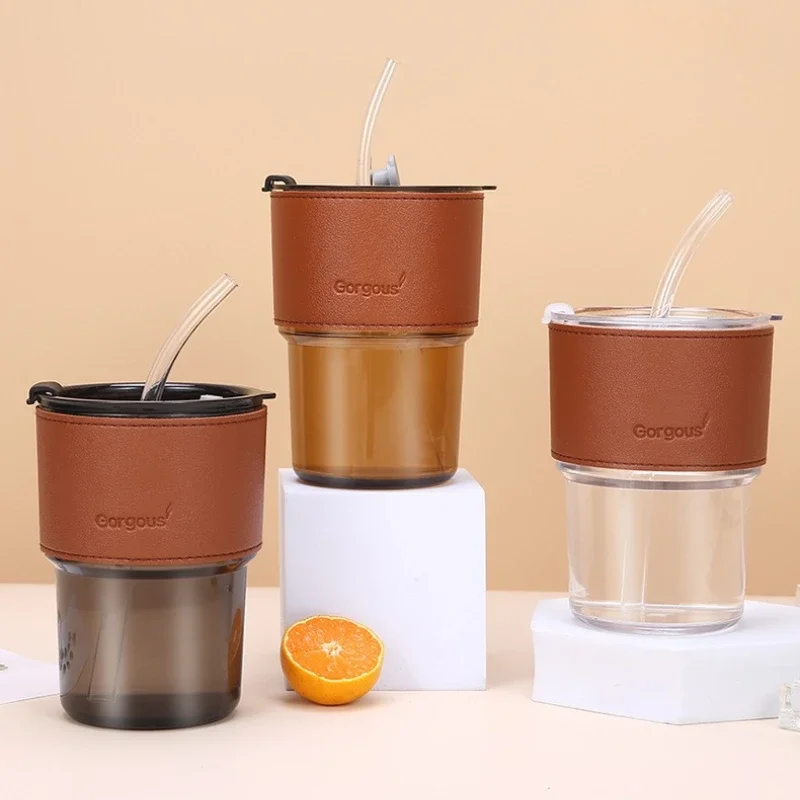 400ml with Lid Water Bottle  Double Drinking Mouth with Straw New Creative Transparent Coffee Glass with Straw Coffee Mug Beer