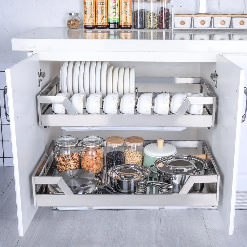 Stainless steel pull basket double layer kitchen dish basket drawer type kitchen cabinet bowl rack