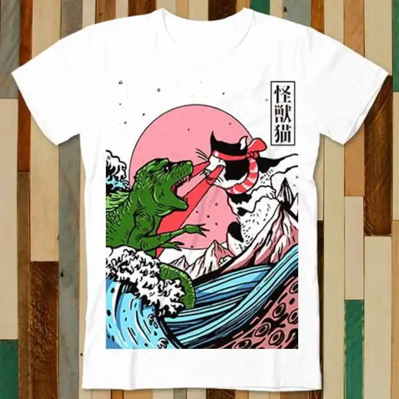 

Футболка с изображением динозавра Cat The Great Wave Off Kanagawa Catzilla Ocean для взрослых, унисекс, мужская и женская футболка в стиле ретро, винтажный топ