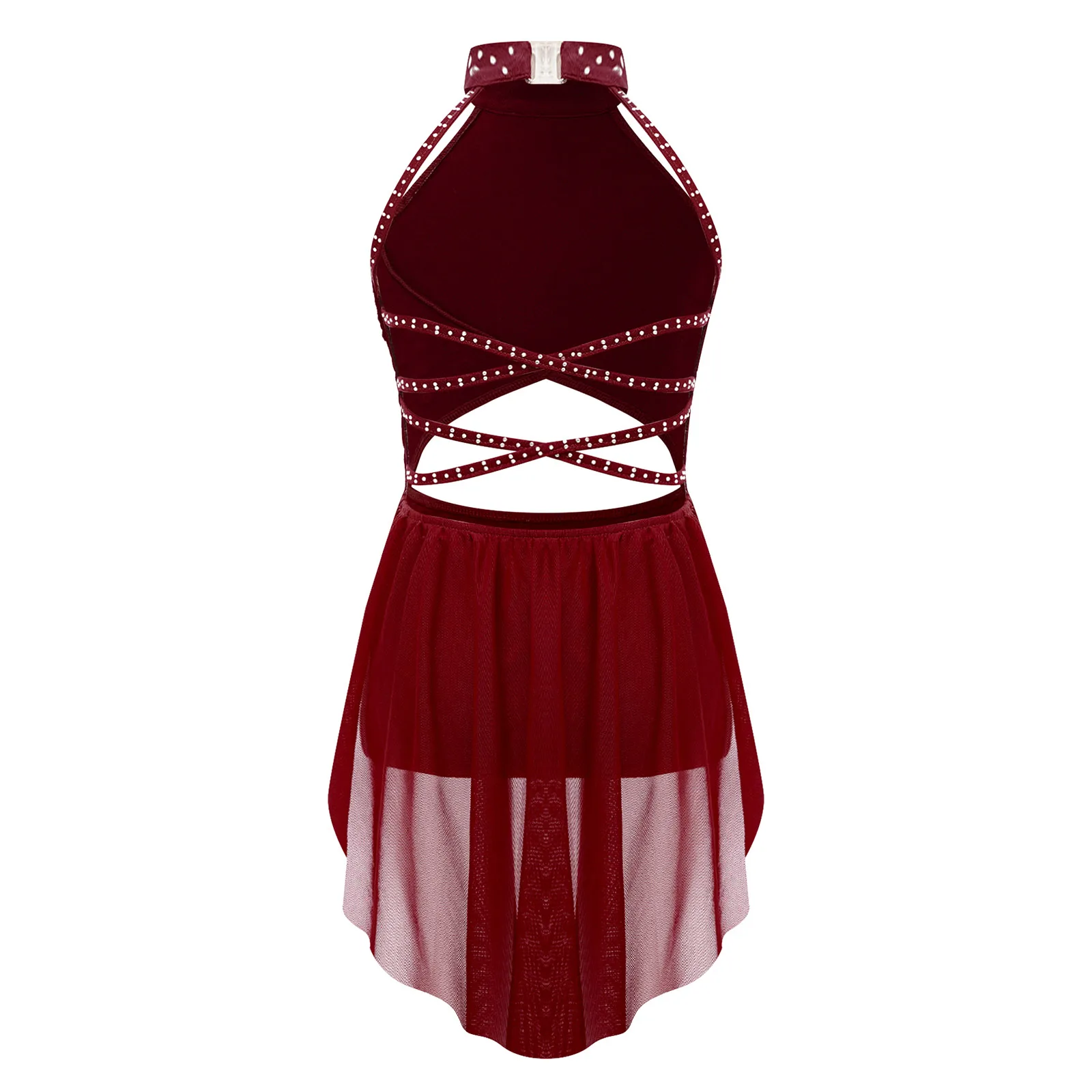 Kids Girls Latin Jazz Dance Costume Halter Rhinestone Strappy Backless Leotard Figure Skating Bodysuit Dress Lyrical Dancewear