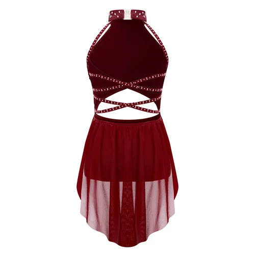 Imagen 2 del producto Traje de baile lírico de Jazz moderno para niñas, vestido de leotardo con tirantes Halter y diamantes brillantes, traje de Ballet, Ropa de baile de salón