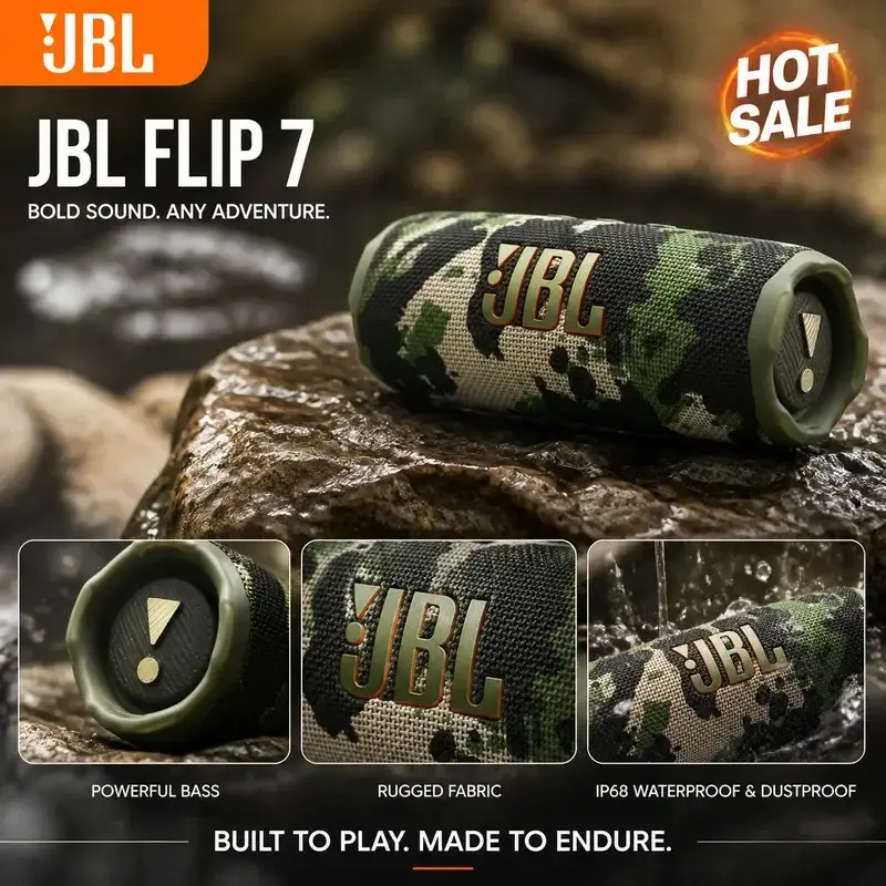 سماعة بلوتوث محمولة JBL Flip 7 مقاومة للغبار والماء IP67 مع باس عميق ونظام صوت طويل المدة