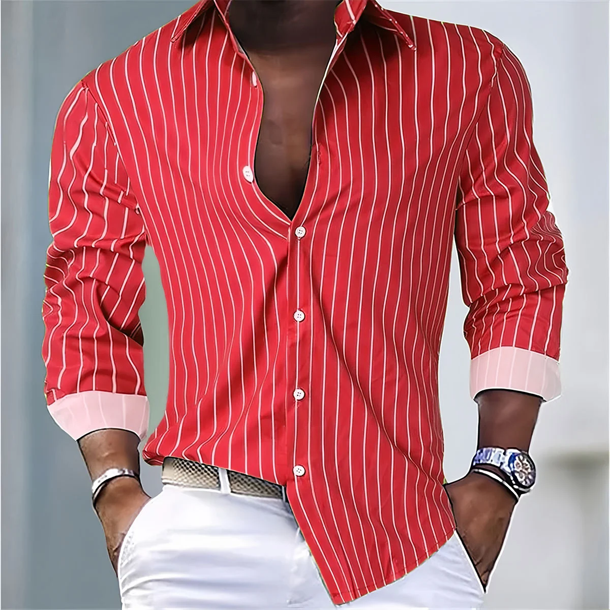 Men\'s Fashion Loose Striped Shirt 16 Colors Shirt Casual Breathable Lapel Button Long Sleeve Shirt Top Comfortable Soft Fabric