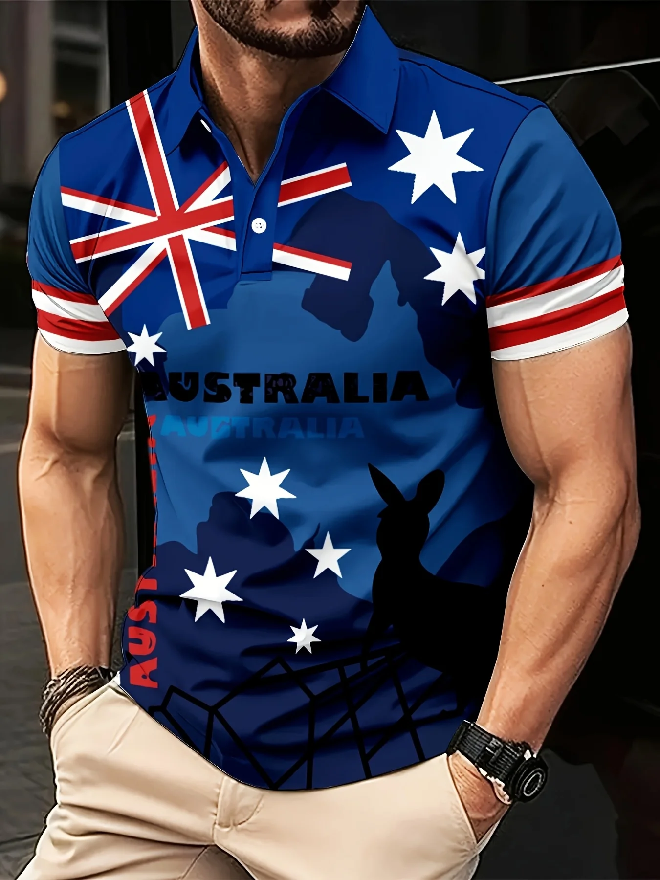 

Summer Australian Flag Kangaroo Patchwork Print, Casual Outdoor Wear, Comfortable Fabric, Men's Short-sleeved Shirt