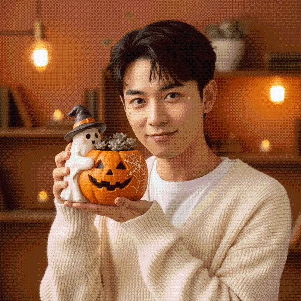 Orange Ghost Pumpkin Pen Holder Molded Sturdy Resin Desktop Organizer Flat-Base Waterproof Spooky Pencil Cup Students