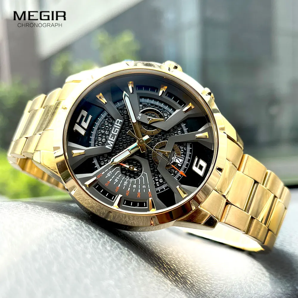 MEGIR-Montre à quartz dorée pour homme, montre-bracelet analogique chronographe étanche, date automatique, aiguilles shoes, bracelet en acier, mode