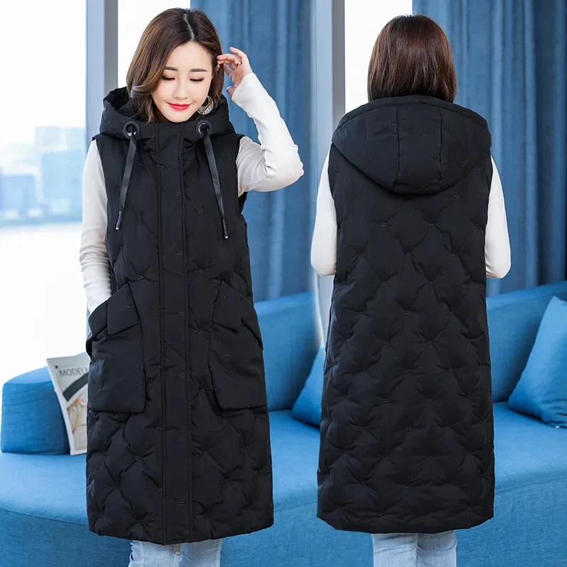 New Women\'s Casual Long Down Cotton Vest Autumn Winter Cold Warm Waistcoat Fashion Windproof Hooded Parka Overcoat Oversize 5XL