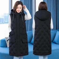 New Women's Casual Long Down Cotton Vest Autumn Winter Cold Warm Waistcoat Fashion Windproof Hooded Parka Overcoat Oversize 5XL