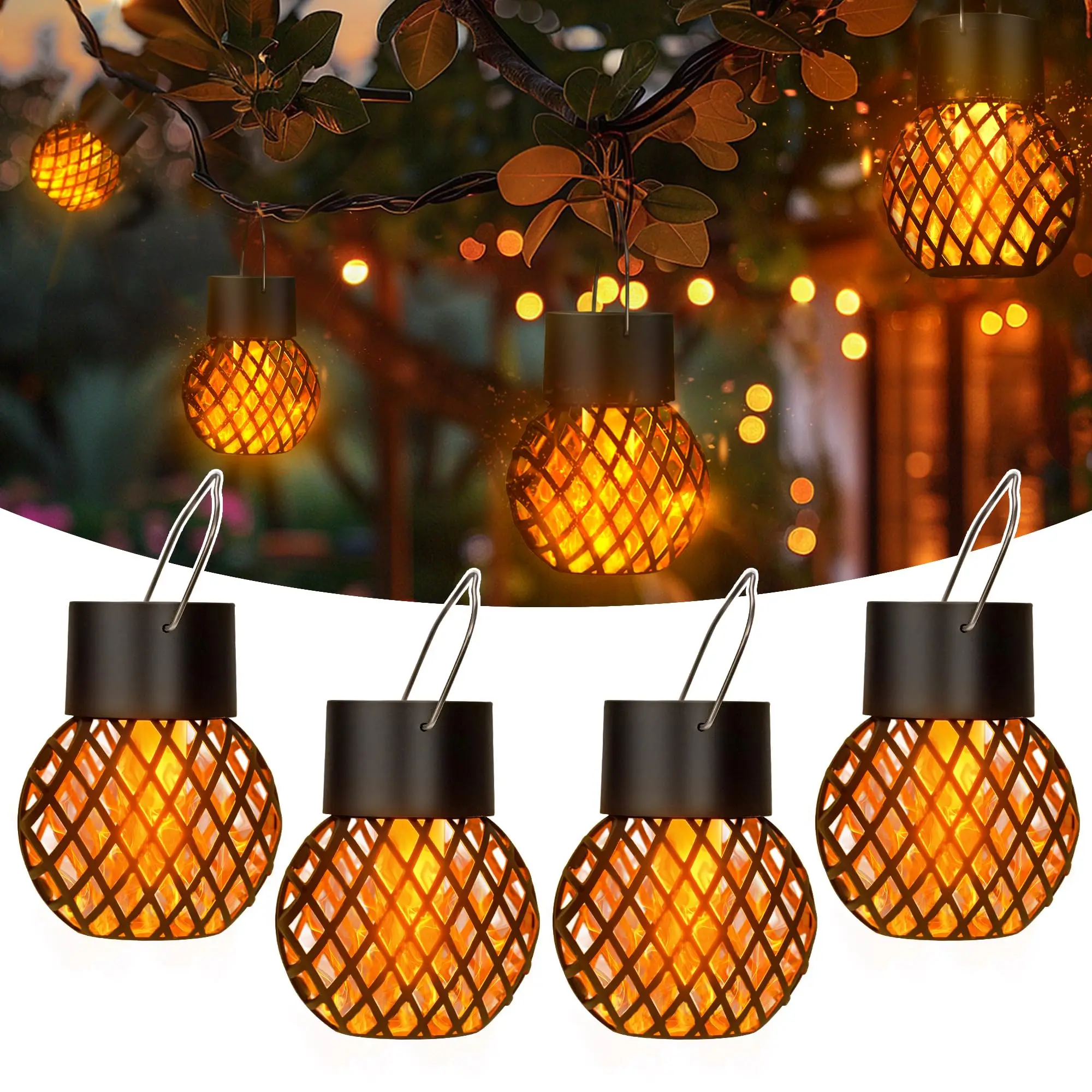 Flickering Flame Solar Lanterns LED Hanging Lights Outdoor Waterproof Decorative Sunlight for Garden Yard Patio Balcony Decor