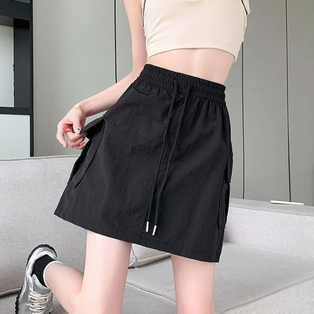 

Fashion Loose High Waist Skirt Lace Up Drawstring Wide Half Leg Skirts Large Pocket Spicy Girl Style Causal Skirts Women Summer