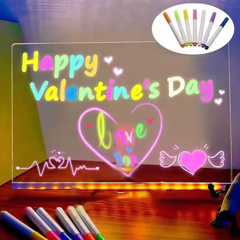 Bacheca per appunti a LED con luce notturna colorata 7 penne Bacheca per messaggi in acrilico fai-da-te Tavolo da disegno per bambini Tavolo da disegno luminoso per bambini
