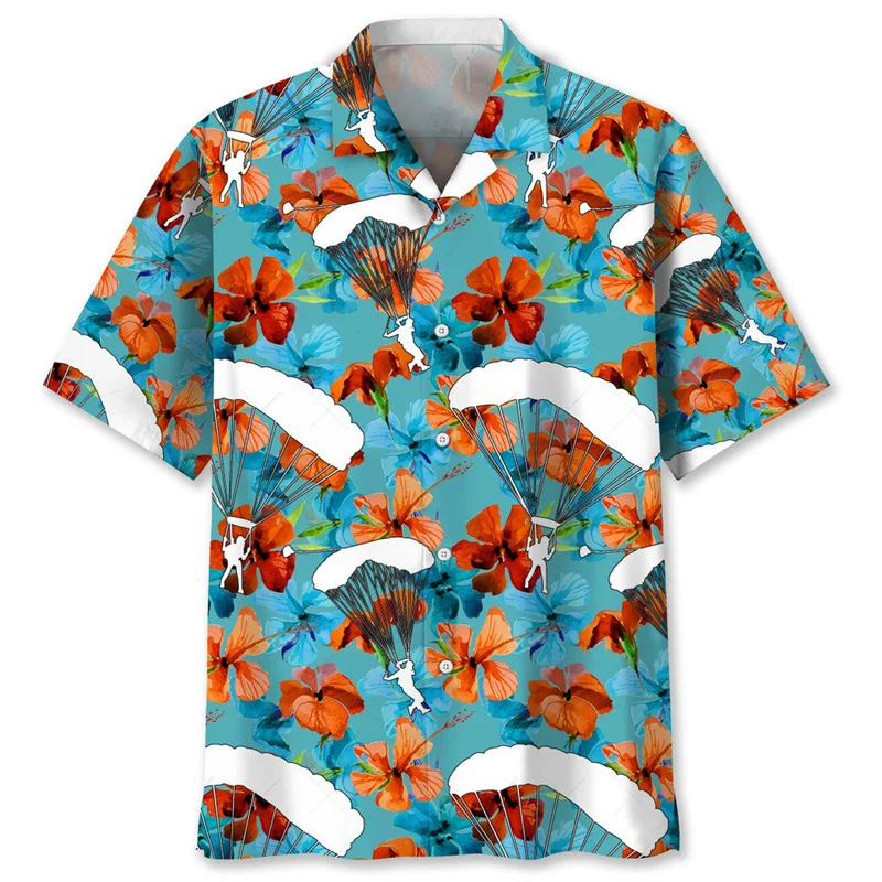 

Skydiving Pattern Hawaiian Shirt Men Fashion 3d Printed Tropical Flowers Shirts Summer Street Short Sleeves Lapel Button Blouse