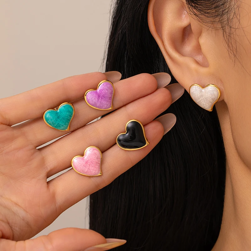 ANENJERY 316L Stainless Steel Enamel Colored Heart Stud Earrings For Women Luxury Niche Temperament Simple Jewelry Gift