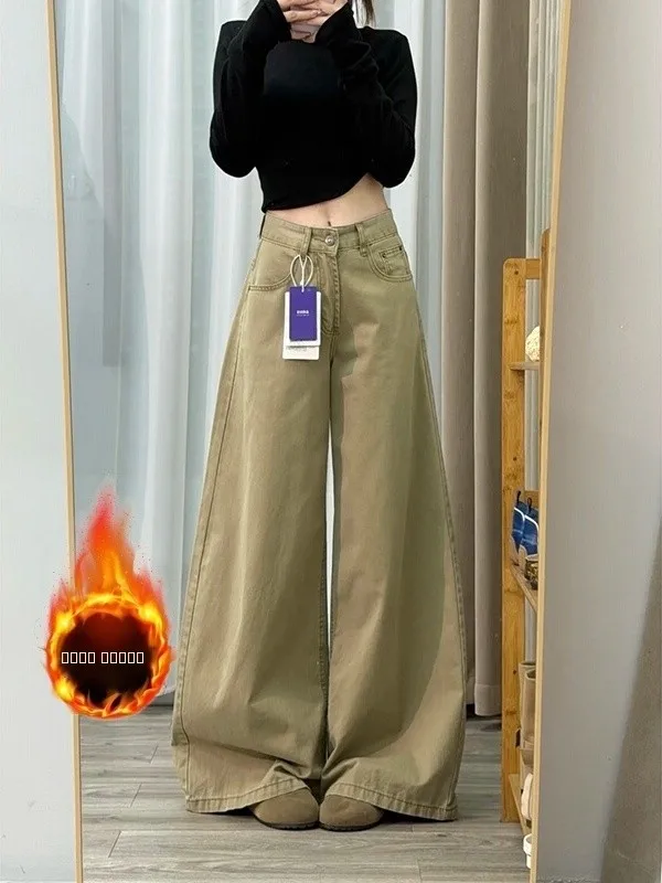 Retro Amerikaanse kaki Fce gevoerde wijde pijpen losvallende Thiened-denimbroek voor dames Casual broek met hoge taille en rechte snit