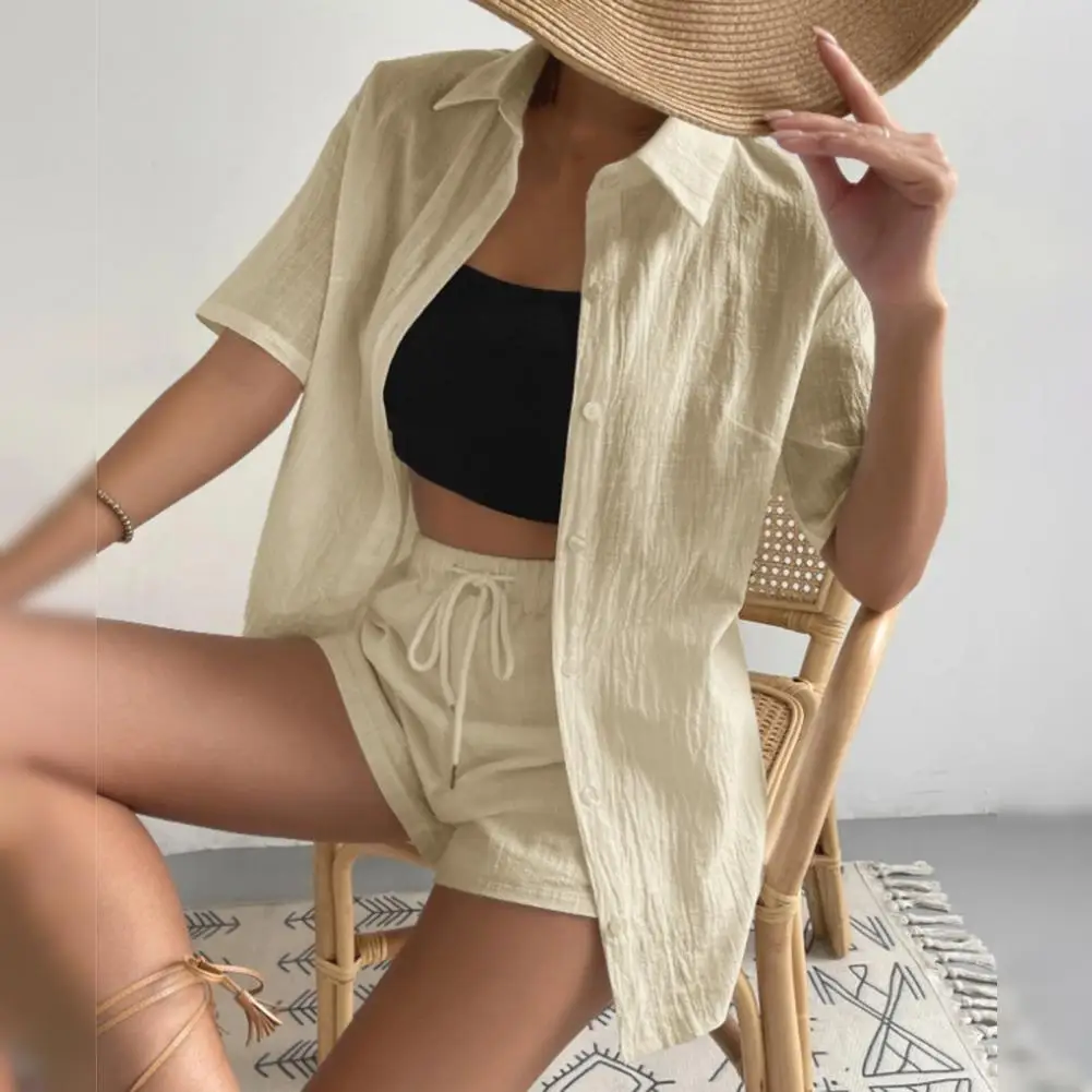 Comfortable Casual Suit Women's Casual Shirt Shorts Set with Elastic Drawstring Waist Wide Leg Shorts 2 Piece Outfit for Summer