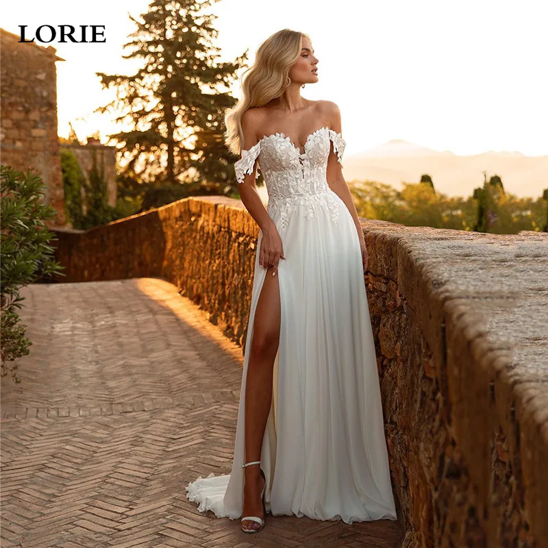 LORIE Lace Boho Wedding Dresses A Line Off The Shoulder Chiffon Beach Sweetheart Bride Dresses Sexy Side Split Wedding Gowns