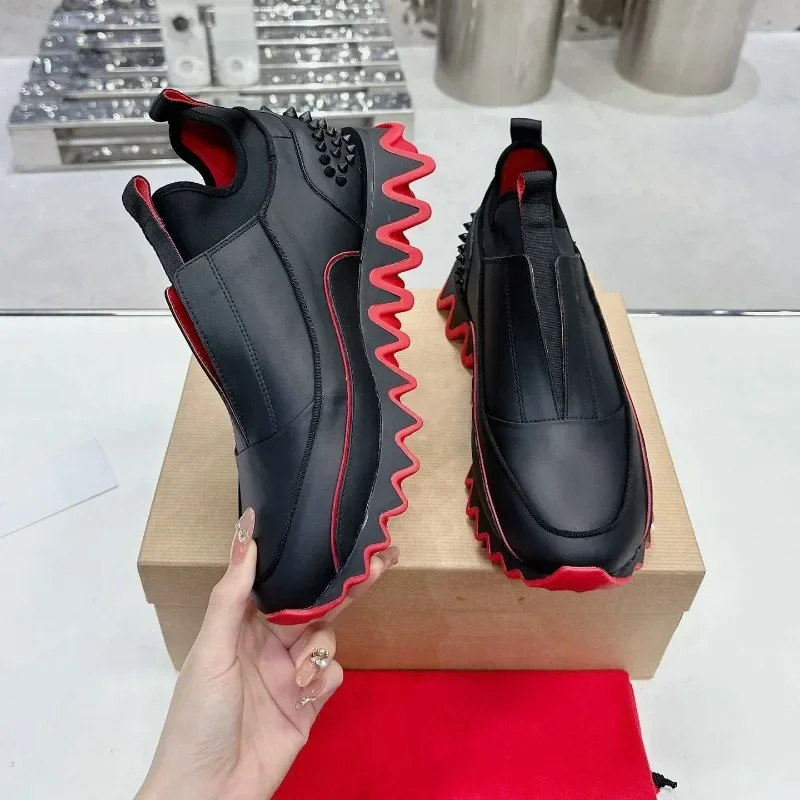 

Red Bottom Mens Casual Shoes Fashion Thick Sole High Platform Sneakers Round Toe Genuine Leather Rivet Slip On Leisure Shoes