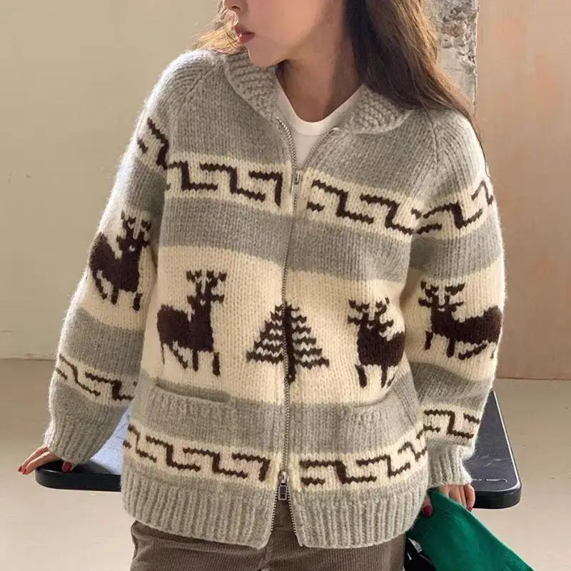 Korean Chic Christmas Knitted Cardigan Women Double Zipper Jacquard Pattern Lapel Sweater Autumn Winter Fashion Outerwear