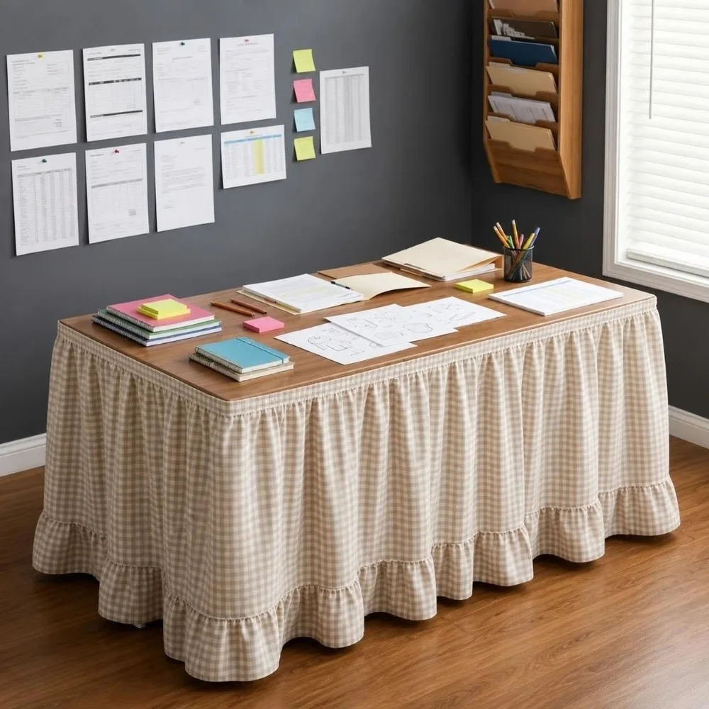 Rural Ruffled Edge Gingham Table Skirt Hook and Loop One-Piece Table Wrap Washable 72in Plaid Ruffled Table Skirt Classroom