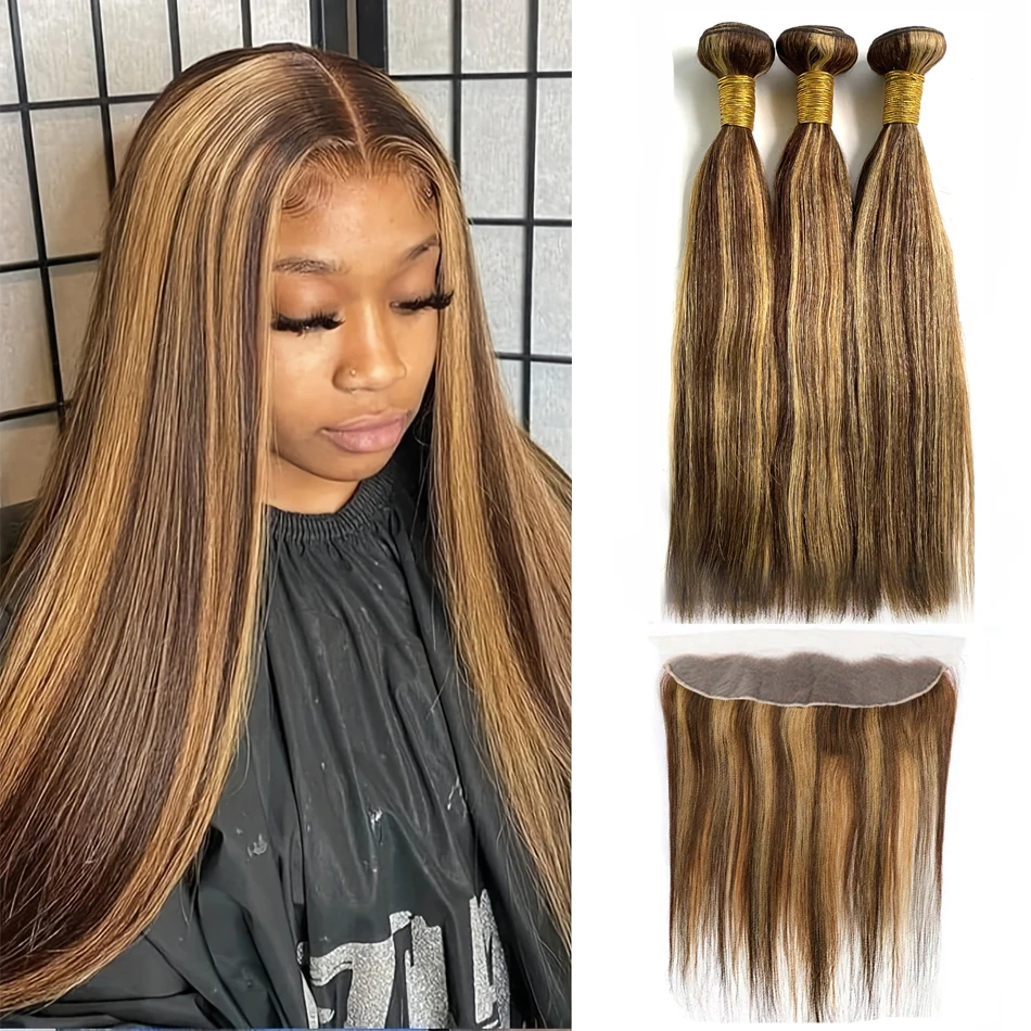 Bundel dengan Frontal P4/27 Ombre madu pirang lurus rambut manusia Remy Brasil 3/4 bundel dengan 13x4 renda transparan Frontal