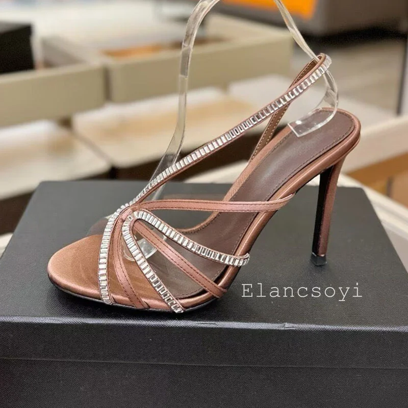 High Heels Sandals Women's Satin Rhinestone Narrow Band Thin Heels Back Strap Sandalias Summer Sexy Party Banquet Shoes 2026