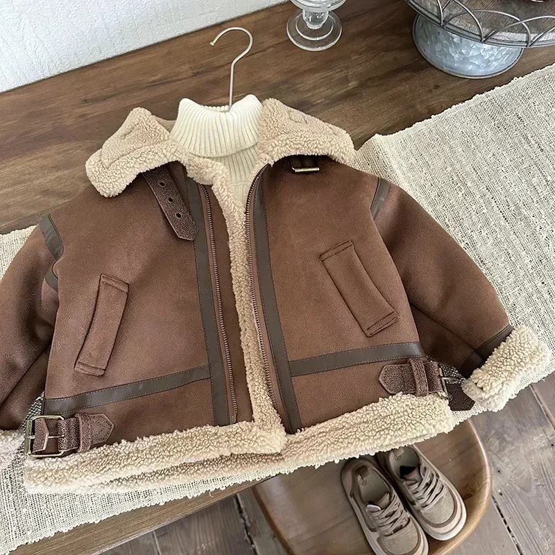 Cashmere Leather Jacket Winter Keep Warm Boys Jacket Thick Lining with Plush Fur Collar Hooded Heavy Coat for Kids Girls Coats