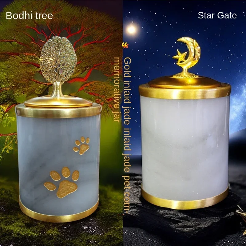 Gold inlaid white jade pet ashes pot moisture-proof altar with stars and moon, linden tree