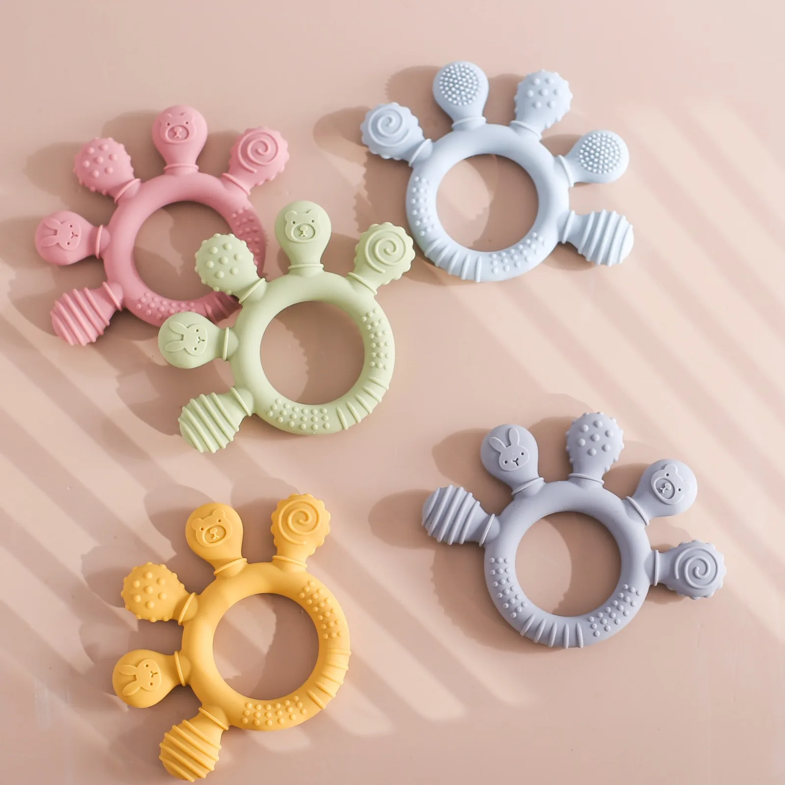 Baby Silicone Teether Rattle, Dumbbell Shape Sensory Toy, Soft & Durable, Easy to Clean, Color & Shape Learning