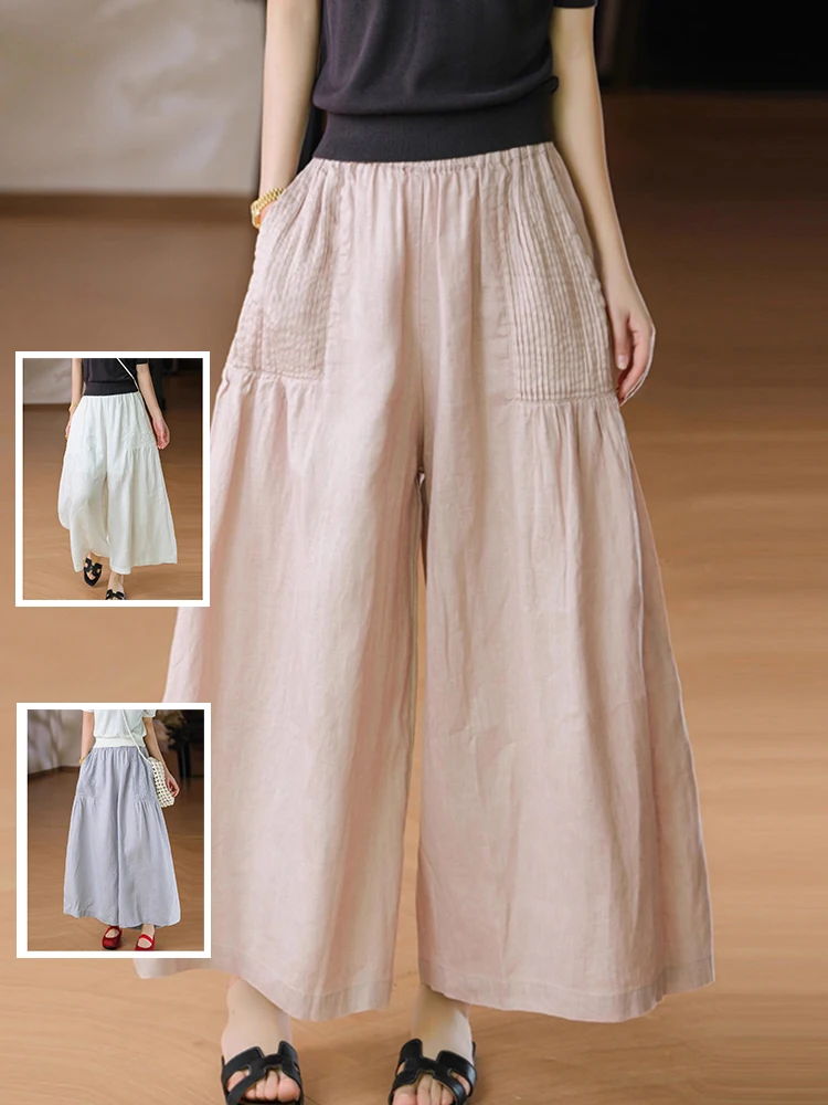 

Simple Accordion Fold ket Wide Leg Pants Elastic Waist Casual Cotton Linen Nine Points Slimming Trousers for plus Size Women