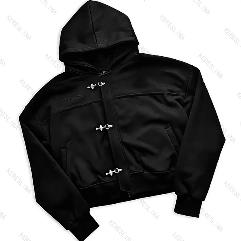 

American high street fashion loose and fashionable metal buckle comfortable men's and women's versatile hooded sweatshirt