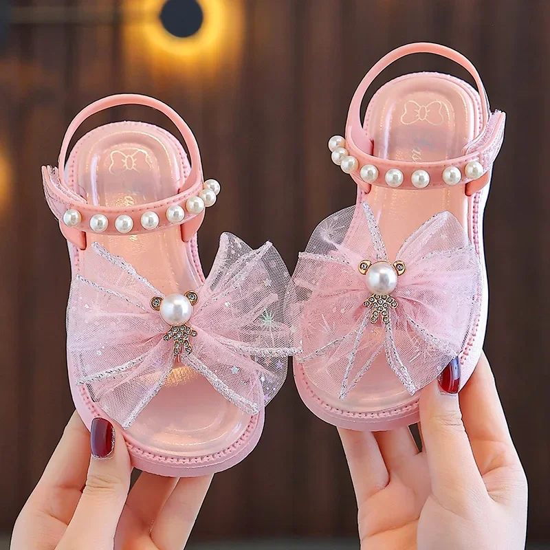 Summer Pretty Bow Beading Decoration Sandal For Aged 2-8 Girls Children Slippers Non-slip Seabeach Flip Flops Home Kids Shoes