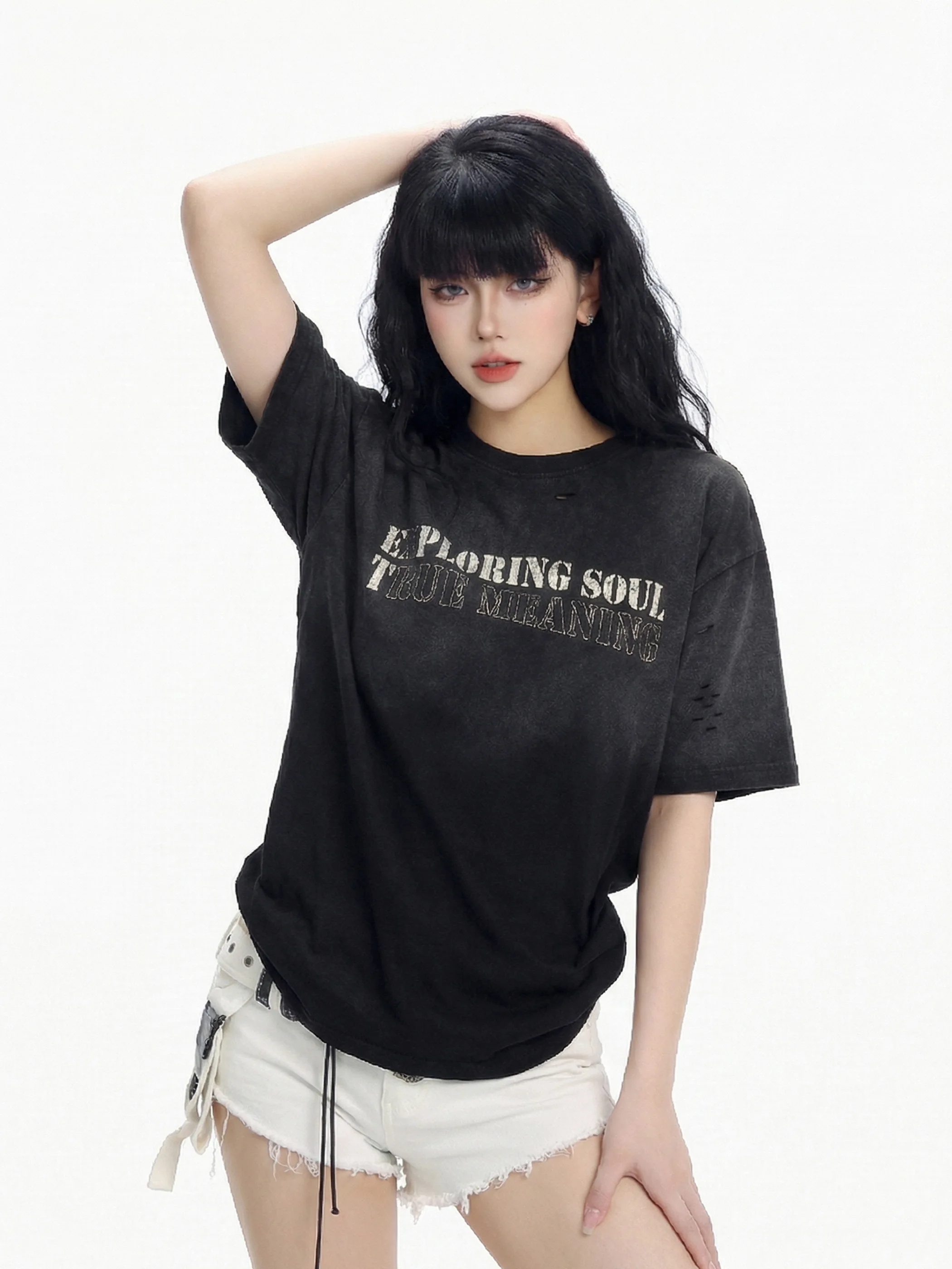 

Washed Vintage American Summer T-Shirt Women's Loose Short Sleeve Letter Print Casual Fashion Citywalk Beer Captain Team