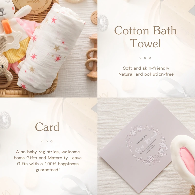 Baby Gift Set Newborn Infant Baby Towel Newborn Bath Toy  Baby Drool Towel  Wood Rattle  Growth Milestone Baby Socks Baby Gift