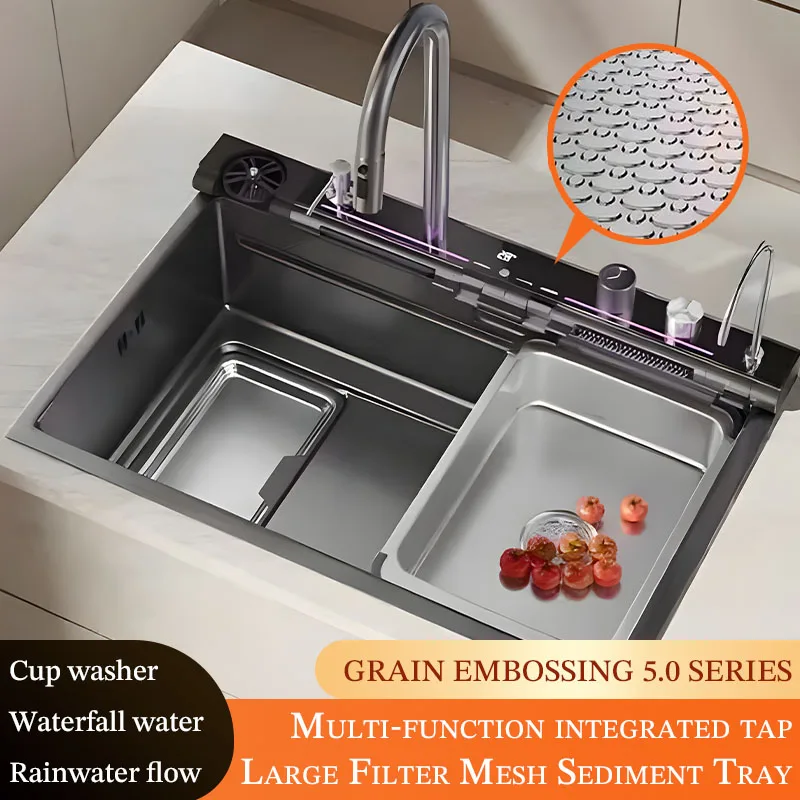 

Smart multi-functional kitchen sink Large filter slag collector and water discharger Temperature digital display Ambient lightin