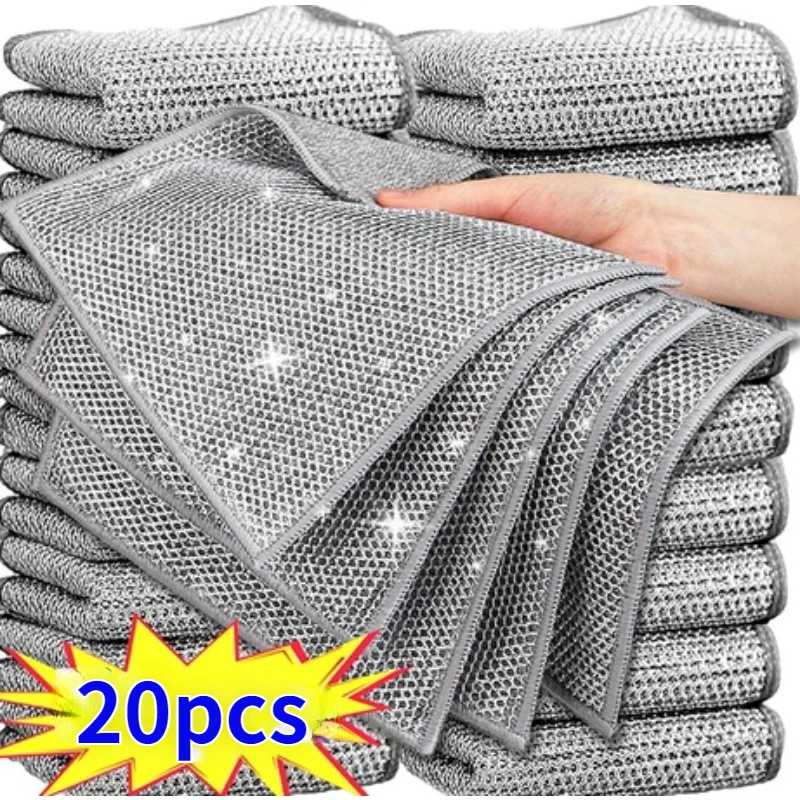 

20Pcs Magic Steel Wire Cleaning Cloths Single-sided Metal Silver Wires Rags Kitchen Dish Pot Washing Cloth Towel Clean Tool