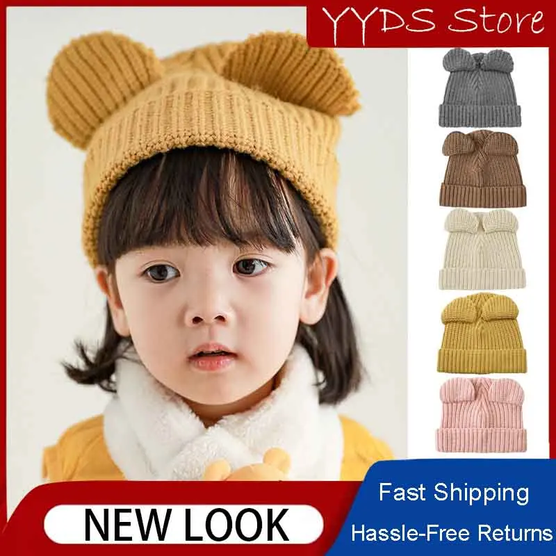 

Children's Cute Bear Ears Knitted Hat Spring and Autumn Soft Orchid Material Warm and Cold Pullover Hat Cute Knitted Beanie Hat