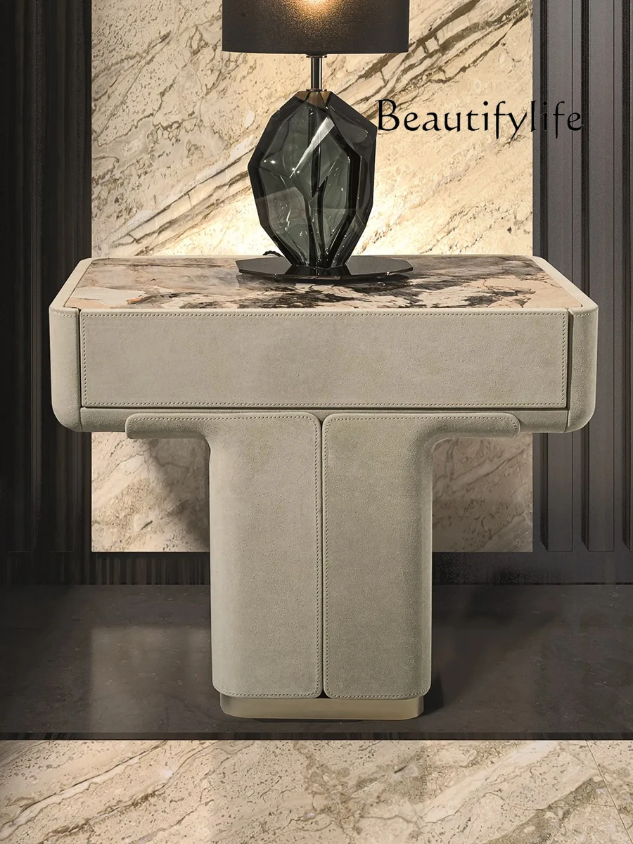 Italian light luxury bedside table modern simple marble locker bedroom frosted leather special-shaped cabinet