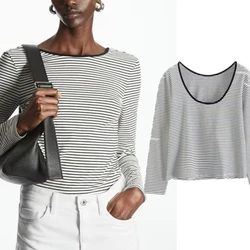 Maxdutti Summer British Casual Striped  Women T-Shirt Female Fashion Ladies Round Neck Pure Cotton Top
