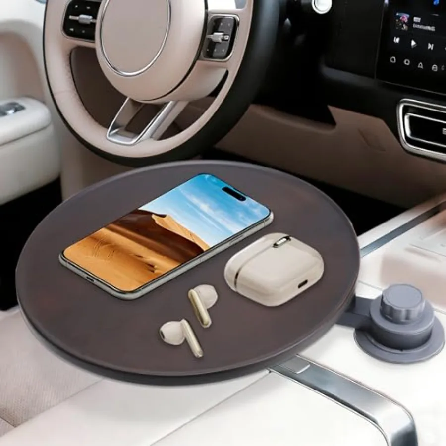 

Car desk tray for laptop and food, birch wood with black finish, 360 swivel cup holder, sturdy foldable design compatible with