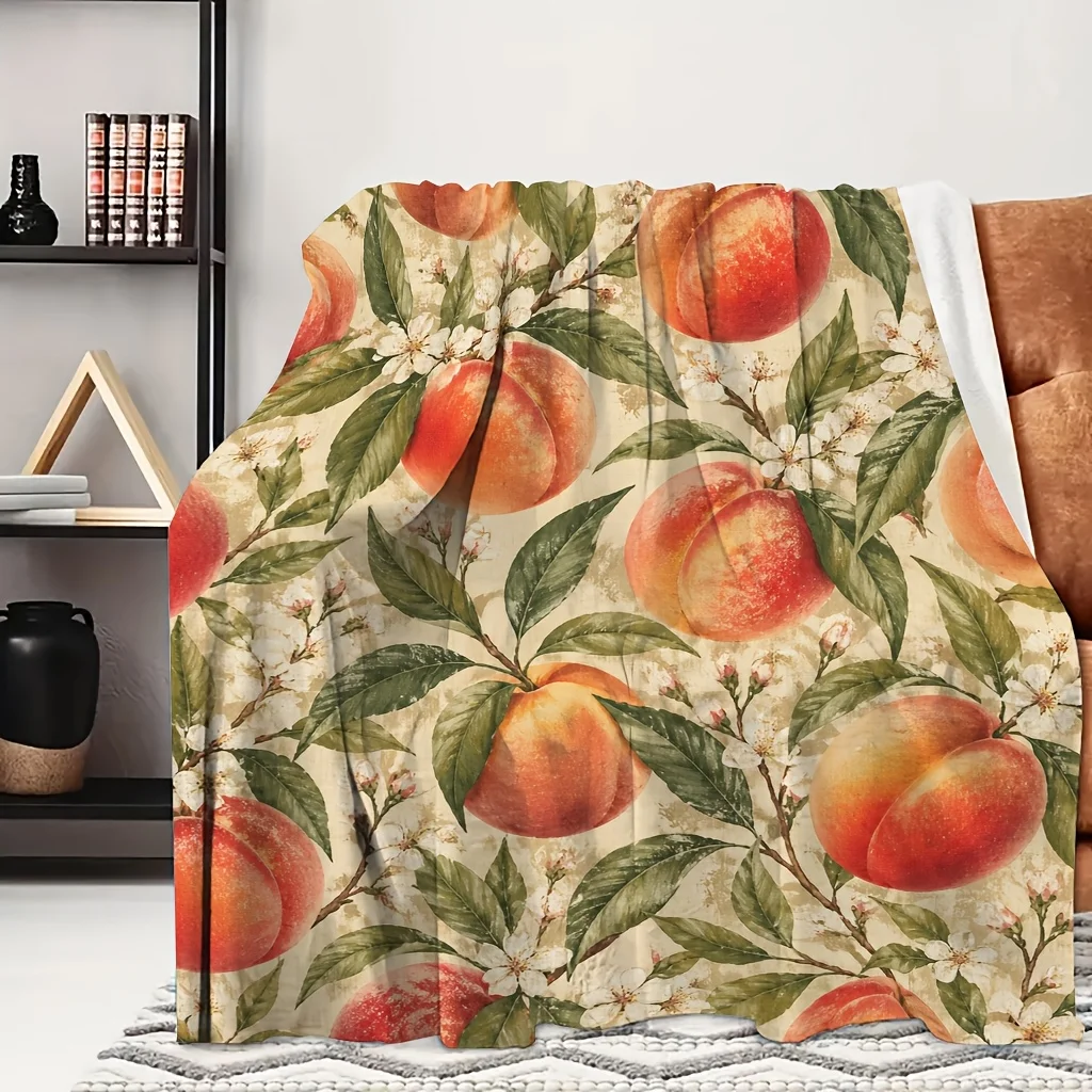1pc Mixed Peach Fruit Vintage Farm Floral Print Flannel Blanket, Practical and Ultra Soft, Suitable for Blankets, Kid Bed Covers