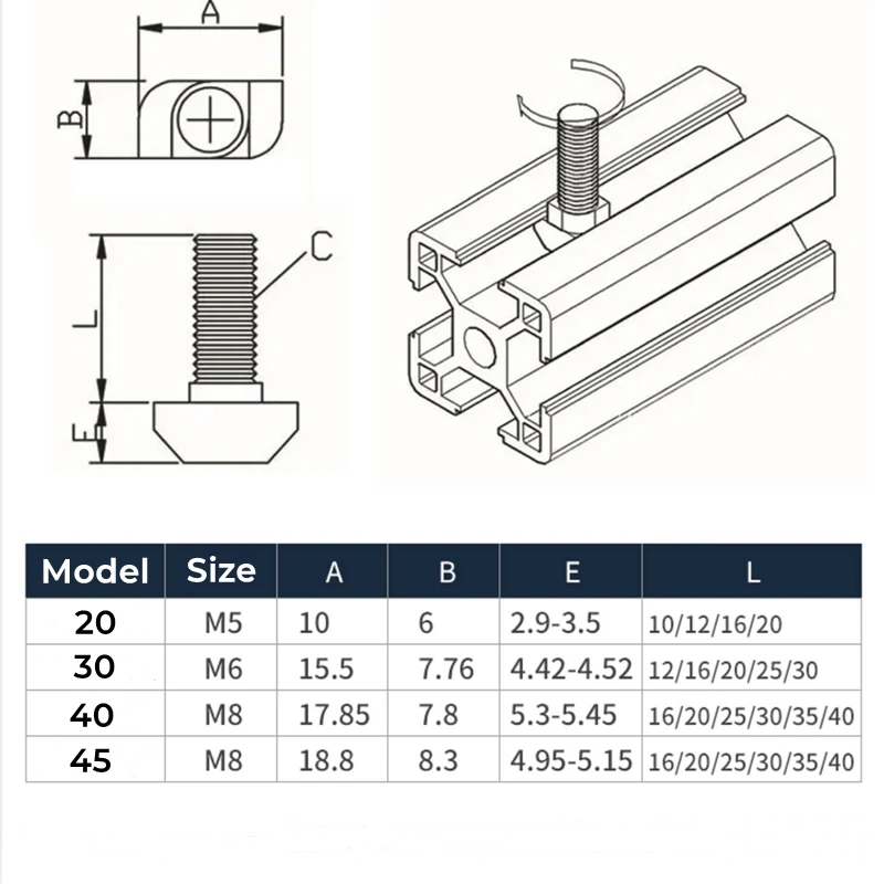 M5 M6 M8 T Hammer Head T Bolt Aluminum Connector T Head Bolts Screws For 20/30/40/45 Aluminum Profiles Hex Flange Nuts
