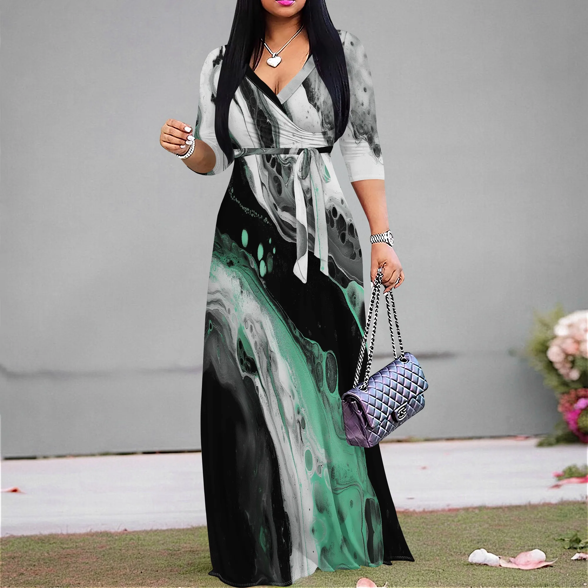 

Blue Marble Ink Print Maxi Dress S‑3XL V‑Neck Wrap Style with Tie Waist & 3/4 Sleeves for Art Show, Dinner or Vacation Look