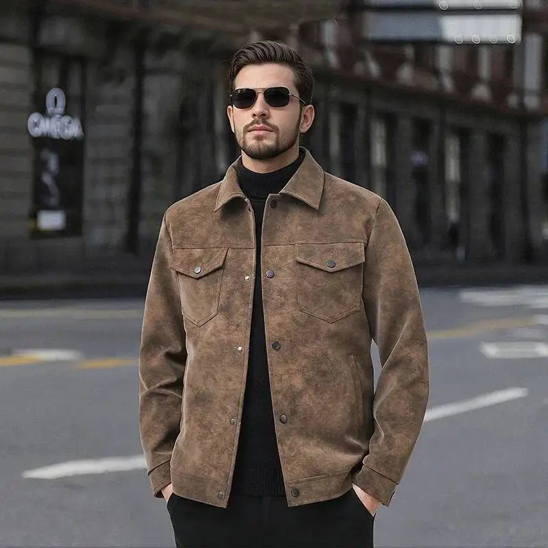 

Jackets Suede Lapel Single Breasted Long Sleeve Outerwear Spring Autumn Streetwear Mens Coats Cardigan Bomber Jacket