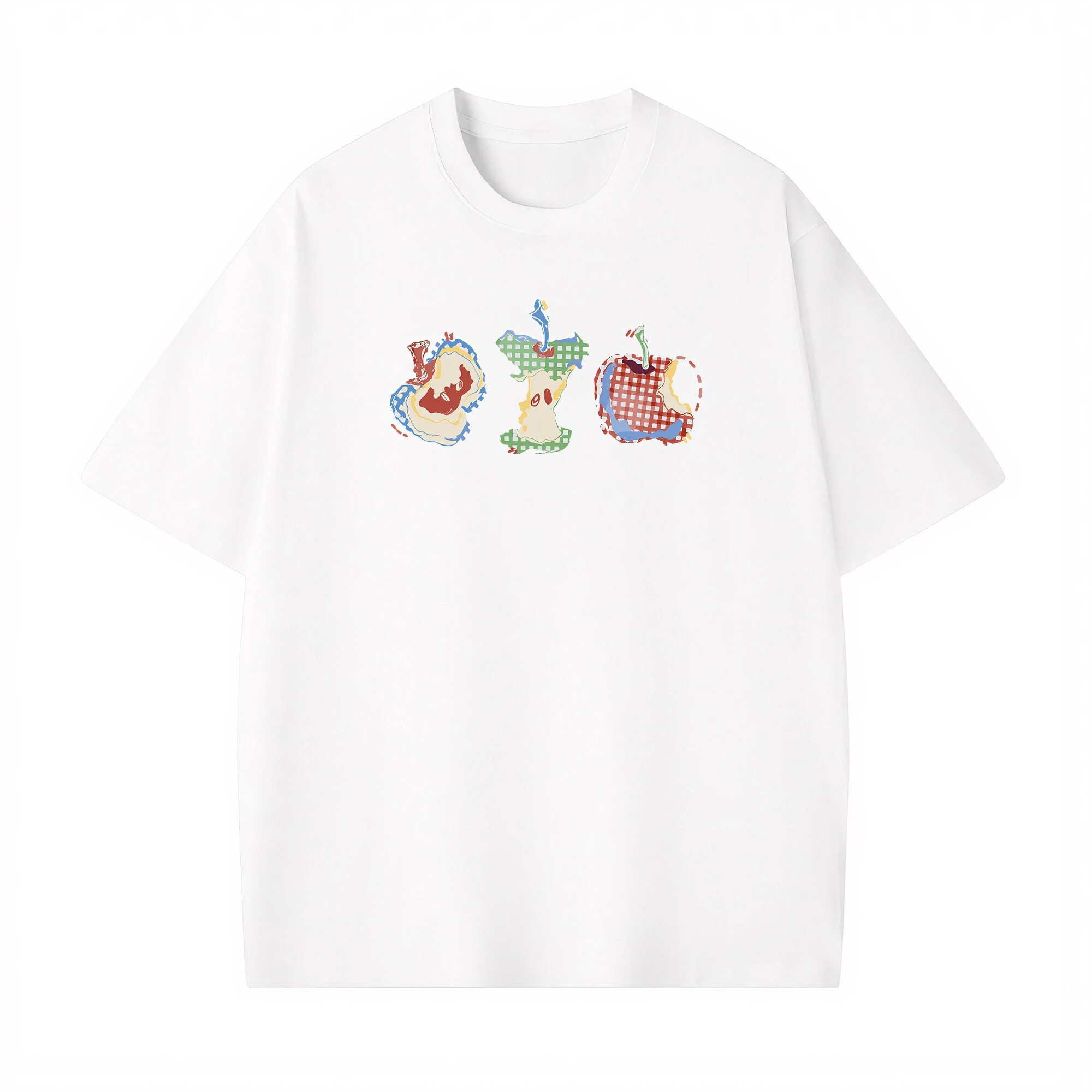 Color Plaid Apple Core Graphic T‑Shirt Unisex Short‑Sleeve Casual Top Hand Drawn Fruit Art Print for Fashion Lovers